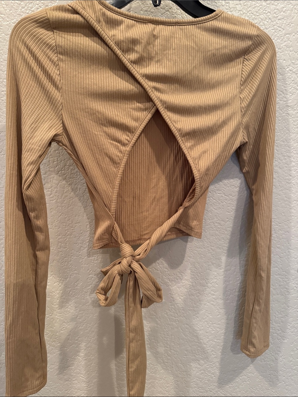 Papermoon Ribbed Tie-Back Long Sleeve Crop Top - Tan